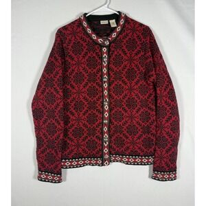 VINTAGE LL Bean Sweater Women's Medium Black Red Cardigan Nordic Fair Isle